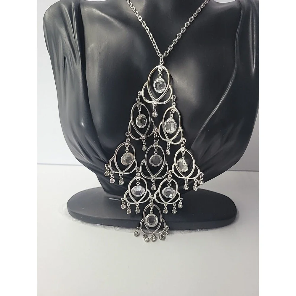Silver‎ Tone Chandelier Necklace Clear Rhinestone Statement Dangle Bib Necklace